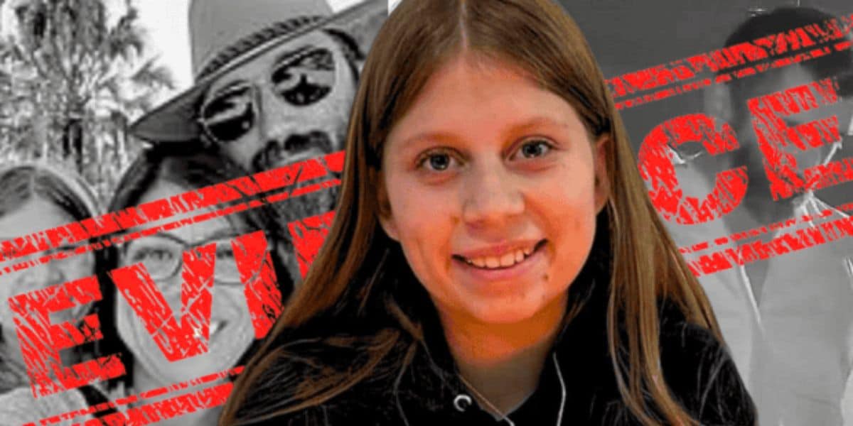 A young girl with long brown hair smiling at the camera. In the background, black-and-white images of people are overlaid with a red stamp of the word "EVIDENCE" in large letters.