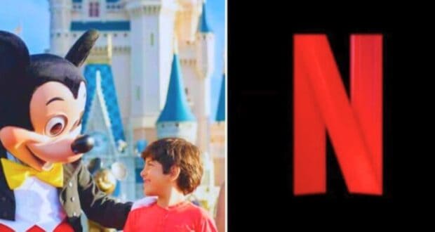 Left: A joyful child interacting with Mickey Mouse in front of a castle at a Disney theme park. Right: The bold red letter "N" on a black background, representing the Netflix logo.