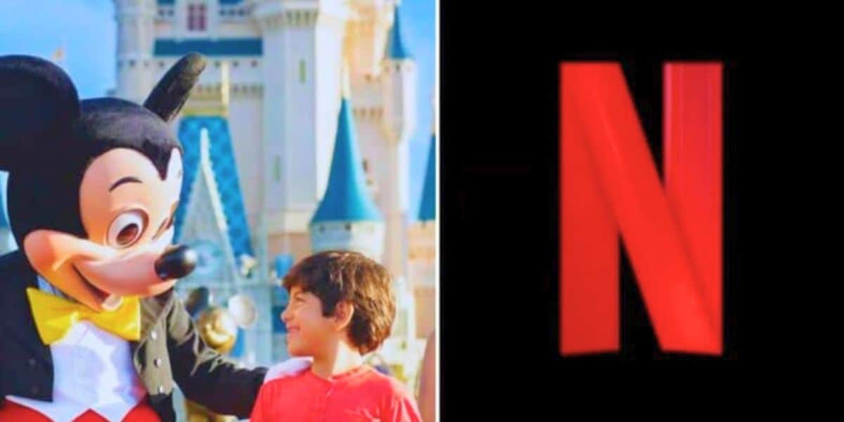 Left: A joyful child interacting with Mickey Mouse in front of a castle at a Disney theme park. Right: The bold red letter "N" on a black background, representing the Netflix logo.