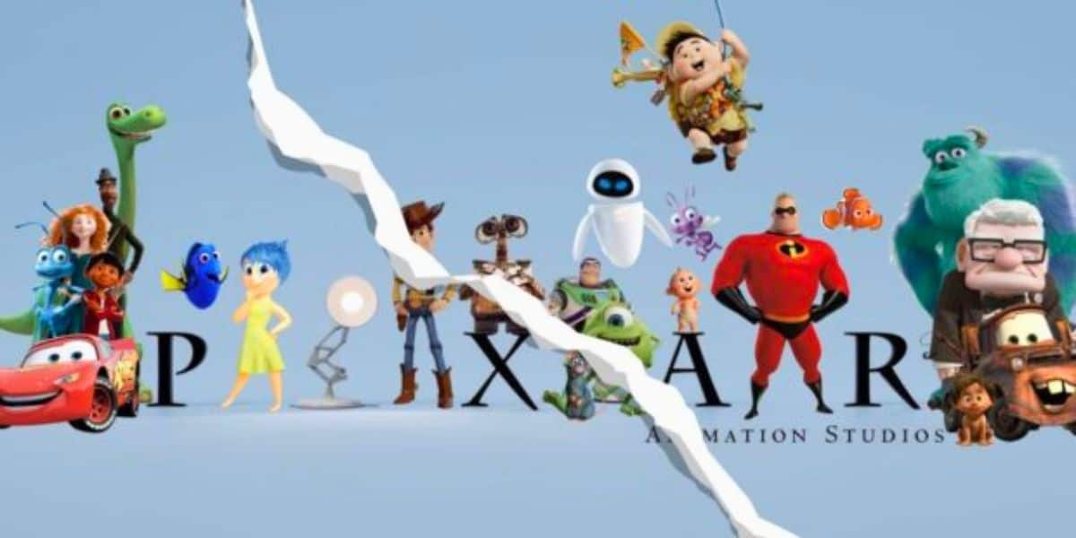 An image featuring various Pixar characters including Woody, Buzz Lightyear, Wall-E, Joy, Mike Wazowski, and others, standing on either side of a torn Pixar Animation Studios logo. The background is a light blue gradient.