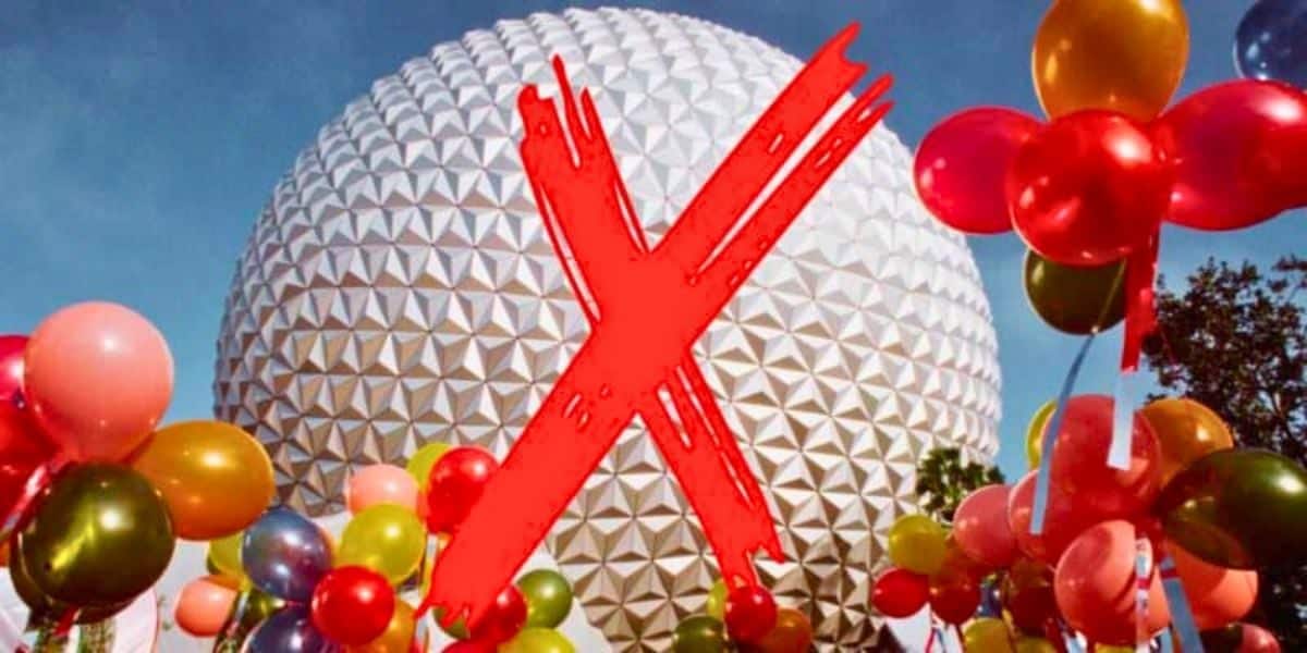 A large geodesic sphere, reminiscent of the iconic structure at Disney World’s Epcot, looms in the background. The sphere has a striking red X painted over it. Colorful balloons float around the sphere, contrasting against the clear blue sky above.