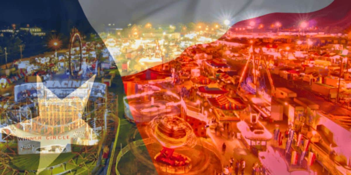 A colorful nighttime carnival scene is overlaid with a semi-transparent Czech flag. The image features bright lights, rides, and booths bustling with people, creating a lively atmosphere reminiscent of a Peppa Pig theme park. The flag has red, white, and blue sections with a prominent star.