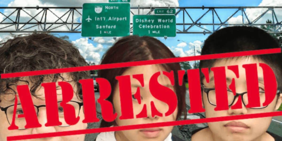 Three young men's faces superimposed on a highway background with directional signs to an airport and Disney World, overlaid with the word "ARRESTED" in bold red text during a pro-Palestine protest.