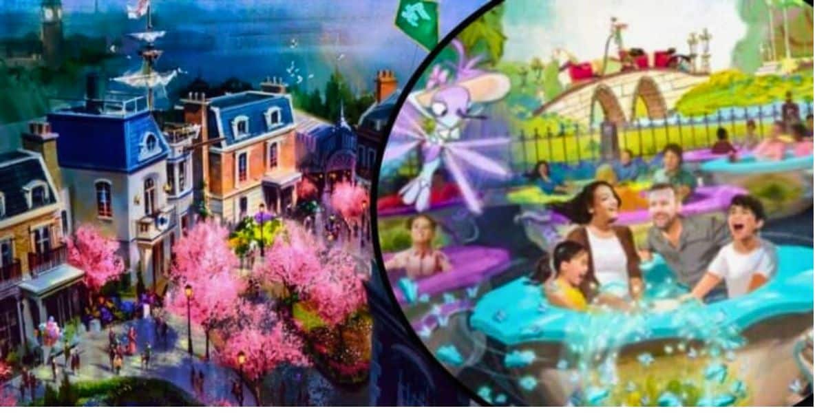 An image showing an artistic rendering of a vibrant theme park reminiscent of EPCOT. The left side features charming buildings and a street with pink blooming trees and visitors. The right side shows an animated ride with smiling people, colorful cars, and a whimsical background.
