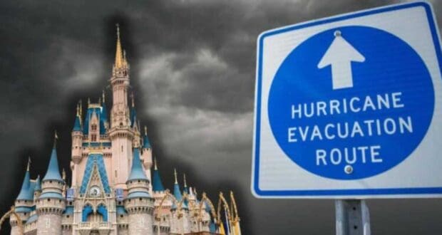 Image of a castle with ornate spires under a dark, stormy sky. In the foreground, a blue road sign with a white arrow points upwards, labeled “Hurricane Evacuation Route.” The image combines elements of fantasy and real-life weather preparedness.