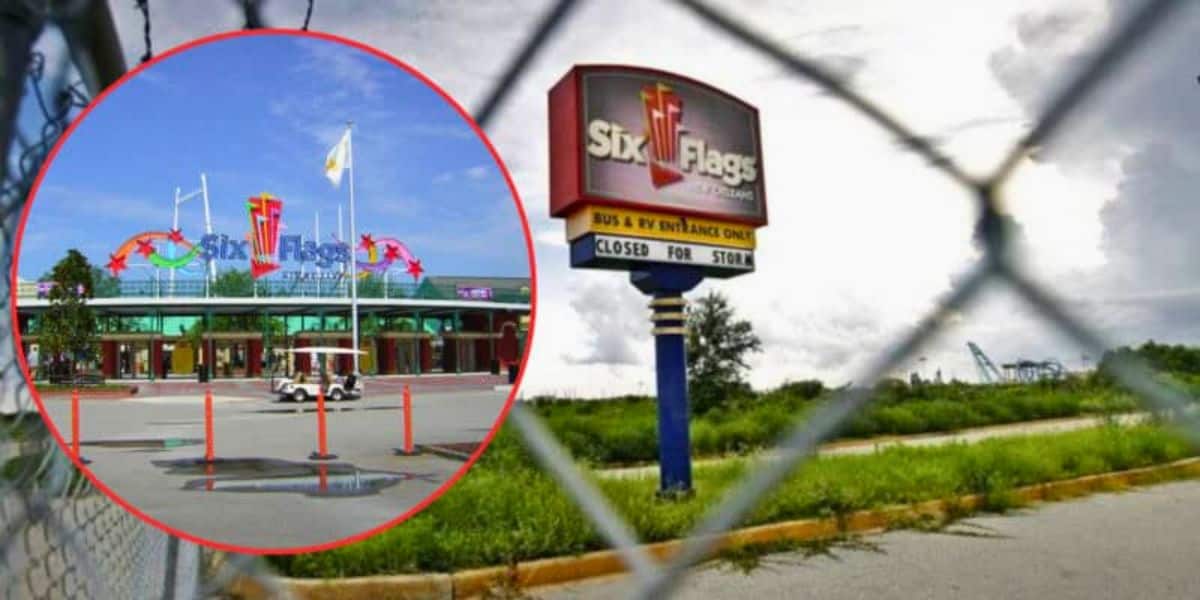 The image shows a rusty and overgrown entrance gate to a closed Six Flags amusement park under a cloudy sky. An inset photo in the upper left corner displays the vibrant entrance of an open Six Flags park with colorful banners and a parked golf cart. .