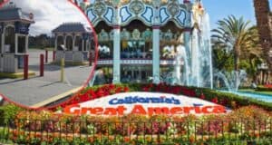 A vibrant image of California's Great America entrance features a colorful flower bed surrounding the park's name. In the background, a grand carousel and fountains are visible. An inset shows ticket booths and gates with a clear lane for vehicles beside them at this legendary Cedar Fair park.