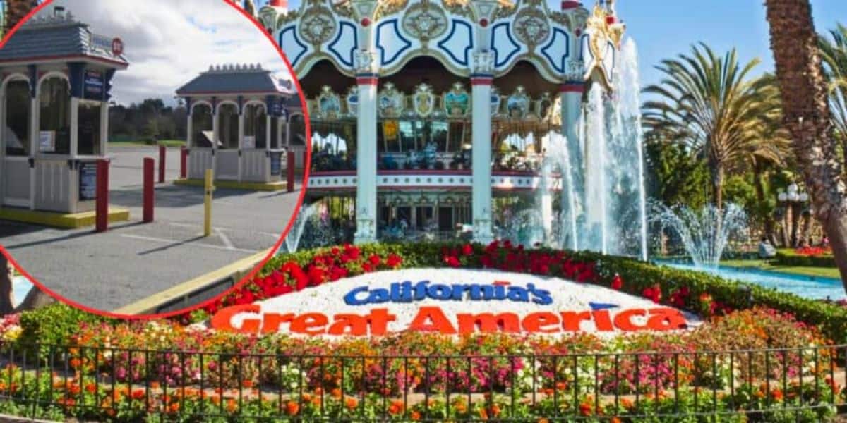A vibrant image of California's Great America entrance features a colorful flower bed surrounding the park's name. In the background, a grand carousel and fountains are visible. An inset shows ticket booths and gates with a clear lane for vehicles beside them at this legendary Cedar Fair park.