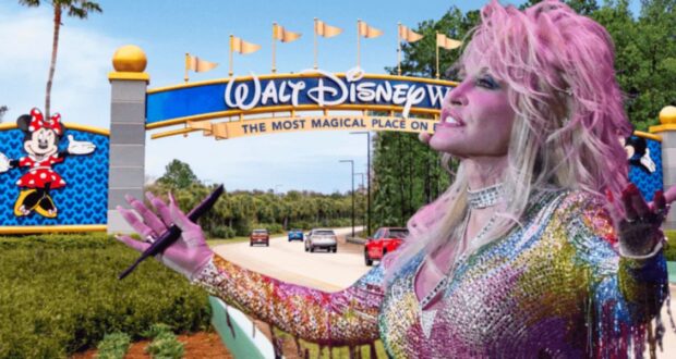 A vibrant figure with blonde hair and a colorful outfit stands in front of the entrance arch to Walt Disney World, which features the park's name and slogan, "The Most Magical Place on Earth." The road beneath the arch is lined with greenery, and cars are visible.
