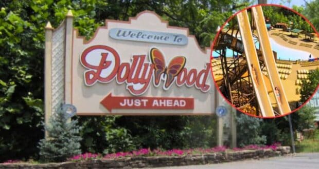 A large welcome sign for Dollywood with a butterfly graphic stands amidst foliage. The text reads "Welcome to Dollywood Just Ahead." An inset circle shows a detailed section of the park's attractions, including a water ride and seating area.