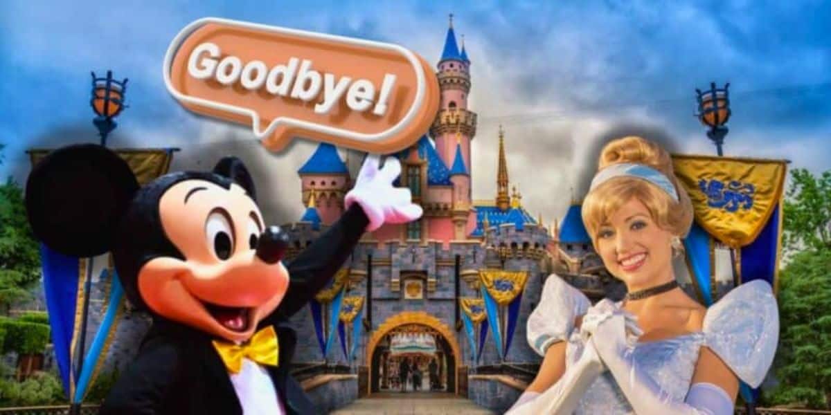 Mickey Mouse and Cinderella wave in front of a Disney castle with a large speech bubble that says "Goodbye!" The sky is blue, and the scene is cheerful.