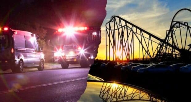 An image split in half: the left side shows emergency vehicles, including an ambulance and fire truck with lights flashing at night, while the right side depicts a roller coaster and parking lot at sunset in Happy Valley.