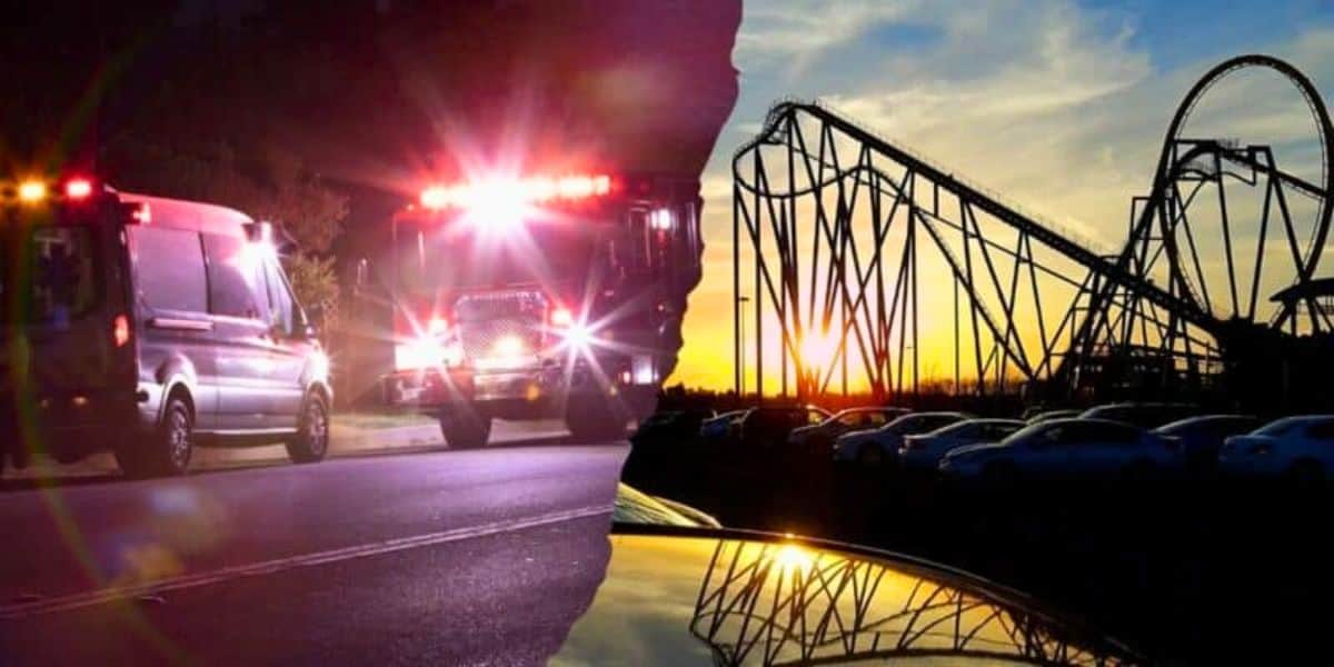 An image split in half: the left side shows emergency vehicles, including an ambulance and fire truck with lights flashing at night, while the right side depicts a roller coaster and parking lot at sunset in Happy Valley.