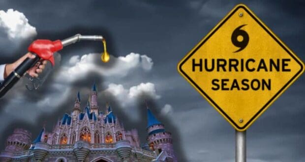 A composite image shows a hand holding a fuel pump nozzle with a drop of fuel, a fanciful castle in the background, and a yellow traffic sign with the words "Hurricane Season" and a hurricane symbol next to it under a cloudy, dark sky reminiscent of a Ron DeSantis storm warning for Disney World.
