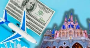 Illustration of a plane model, stack of hundred-dollar bills, and the iconic Disney castle. The image suggests themes of travel and expenses associated with visiting a Disney theme park.