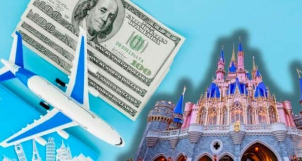 Illustration of a plane model, stack of hundred-dollar bills, and the iconic Disney castle. The image suggests themes of travel and expenses associated with visiting a Disney theme park.