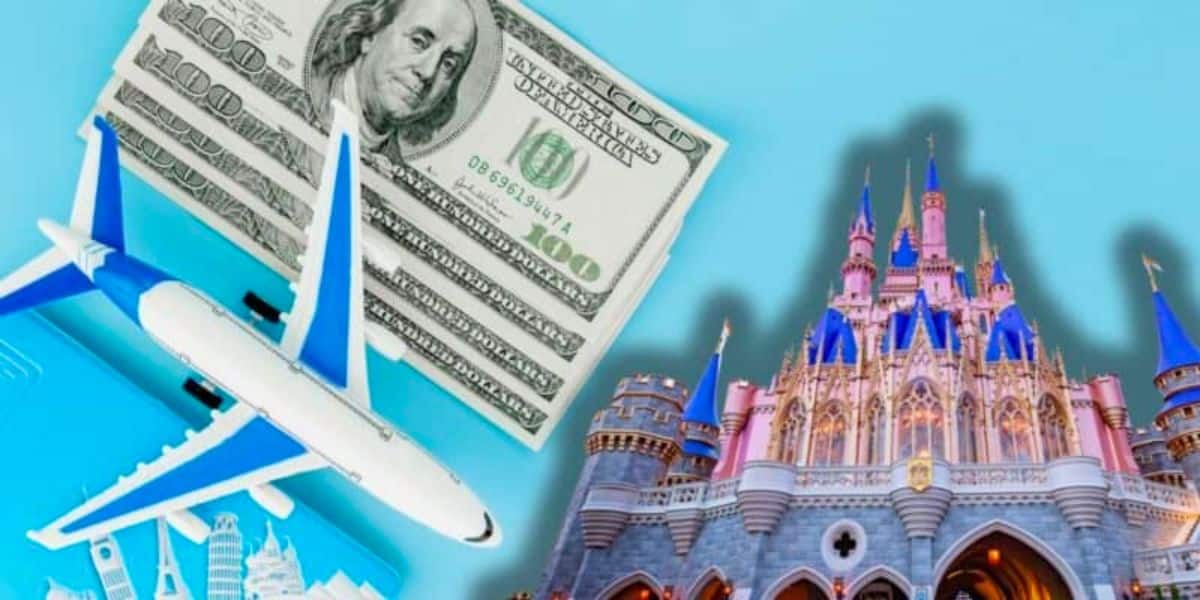 Illustration of a plane model, stack of hundred-dollar bills, and the iconic Disney castle. The image suggests themes of travel and expenses associated with visiting a Disney theme park.