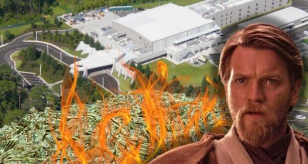 A large pile of burning cash in front of Chris Wray's FBI headquarters by photographer Dave Howells, with actor Ewan McGregor as Obi-Wan in the foreground, reminiscent of a dramatic Disney scene.
