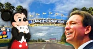 A collage showing Mickey Mouse with hands on cheeks, smiling, and a man smiling, with the Disney World entrance sign in the background. The sky is partly cloudy with flags on the archway that reads "The Most Magical Place on Earth.