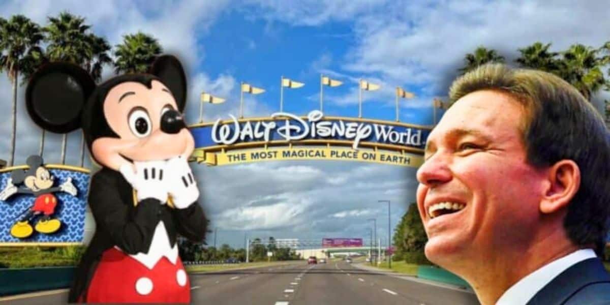 A collage showing Mickey Mouse with hands on cheeks, smiling, and a man smiling, with the Disney World entrance sign in the background. The sky is partly cloudy with flags on the archway that reads "The Most Magical Place on Earth.
