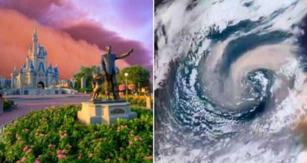A split image showcases Cinderella Castle at Walt Disney World with a statue in front on the left, and a satellite view of a hurricane swirling over the ocean on the right. The sky is vibrant with hues of pink and purple in the Disney castle scene.