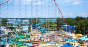 The Magnum XL-200 roller coaster at Cedar Point, pictured from a distance next to some water slides.
