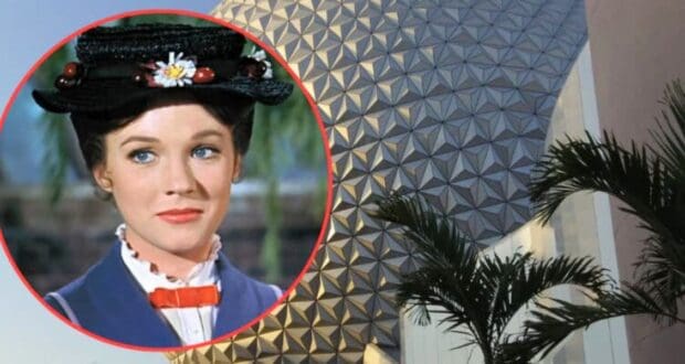 An image showing a woman in a black hat and blue coat inside a red circular frame, superimposed on the background of Disney World's Epcot Spaceship Earth structure. The woman, reminiscent of Mary Poppins with a white daisy and cherries on her hat, stands near a palm tree to the right of the structure.