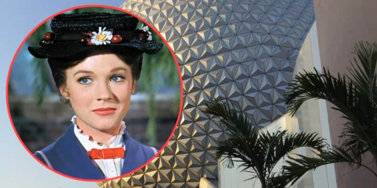 An image showing a woman in a black hat and blue coat inside a red circular frame, superimposed on the background of Disney World's Epcot Spaceship Earth structure. The woman, reminiscent of Mary Poppins with a white daisy and cherries on her hat, stands near a palm tree to the right of the structure.