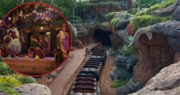 A rollercoaster ride in a theme park is depicted, featuring a winding track through rocky terrain with lush greenery. An inset image shows colorful animatronic dinosaurs in a lively, decorated setting. The scene appears vibrant and engaging, perfect for fans of Tiana's Bayou Adventure.