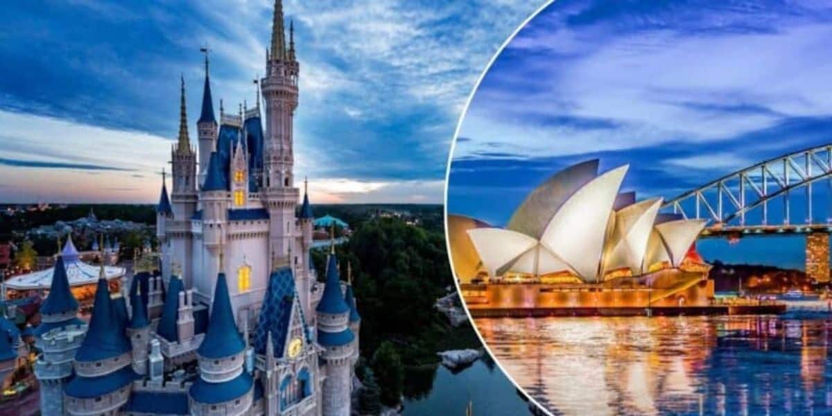 The image features a composite of two landmarks: on the left, Cinderella Castle at Disney World in Orlando during twilight, and on the right, the Sydney Opera House and Sydney Harbour Bridge illuminated at night, reflected in the water.