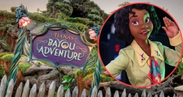 A whimsical sign reads "Tiana's Bayou Adventure" in a forested, Disney theme park setting. A circular inset shows an animated character with dark hair and wearing a yellow top, smiling and waving. The character is overlaid on the right side of the image.