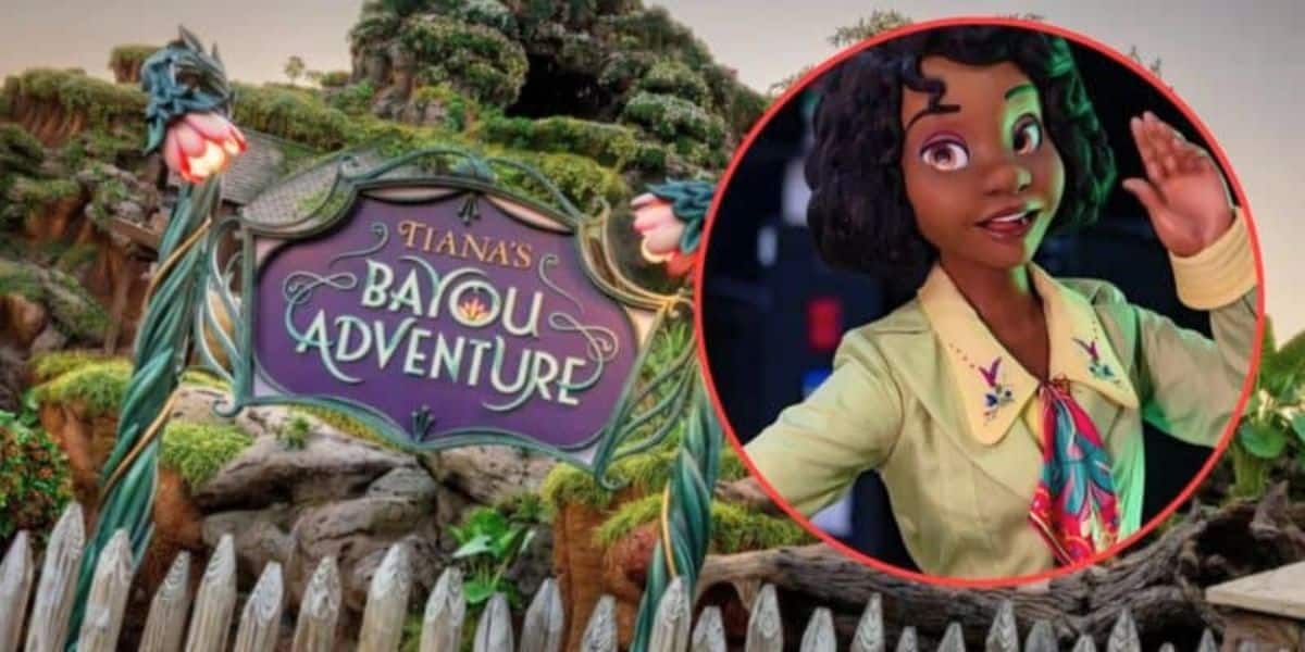 A whimsical sign reads "Tiana's Bayou Adventure" in a forested, Disney theme park setting. A circular inset shows an animated character with dark hair and wearing a yellow top, smiling and waving. The character is overlaid on the right side of the image.