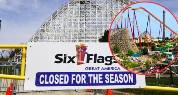 A sign reading "Six Flags Great America Closed for the Season" is displayed at the entrance of an amusement park, with a large wooden roller coaster visible in the background. An inset shows colorful roller coasters and park attractions in operation.
