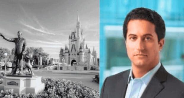 On the left, a black and white image of a statue of Walt Disney holding Mickey Mouse's hand in front of Cinderella Castle at Disneyland. On the right, a color photograph shows a Disney exec in a suit with a blurred turquoise background.