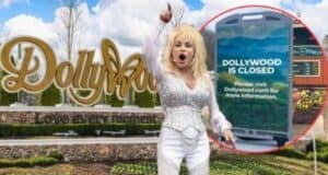 A woman with blonde hair in an intricate, white outfit points to the sky. Behind her is a Dollywood sign with "Love every moment" text underneath. Next to her is a sign reading "DOLLYWOOD IS CLOSED. Please visit Dollywood.com for more information due to an ongoing Dolly Parton-related police investigation.