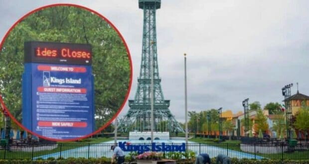 An image showcases a view of Kings Island, an amusement park. The park features a replica of the Eiffel Tower in the center. An overlay highlights a sign, which reads "Rides Closed," providing guest information and safety guidelines.