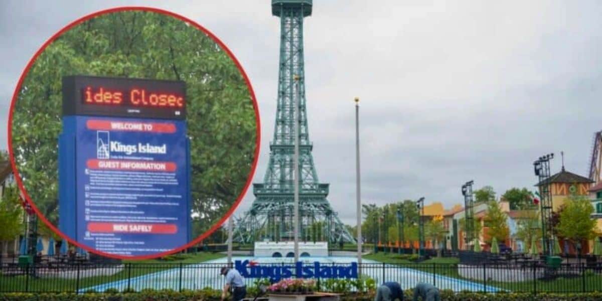 An image showcases a view of Kings Island, an amusement park. The park features a replica of the Eiffel Tower in the center. An overlay highlights a sign, which reads "Rides Closed," providing guest information and safety guidelines.