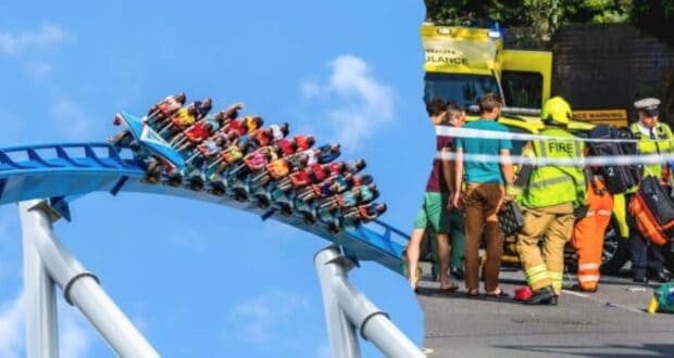 Split image: On the left, people ride a blue roller coaster under a blue sky at Kings Island. On the right, emergency responders, including firefighters and medics, attend to an accident scene with an ambulance nearby at Kings Island.
