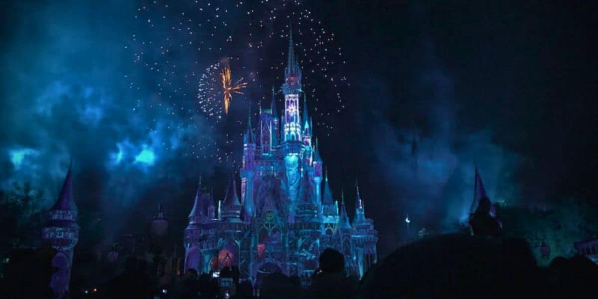 Fireworks at the Disney World castle from afar