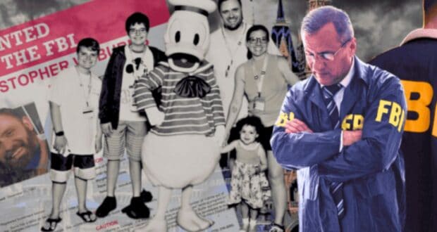 A composite image showing a man in an FBI jacket in the foreground. Behind him is a "Wanted by the FBI" poster, and a black and white photo of a family with children posing with a costumed duck character. Skyscrapers are visible in the background.