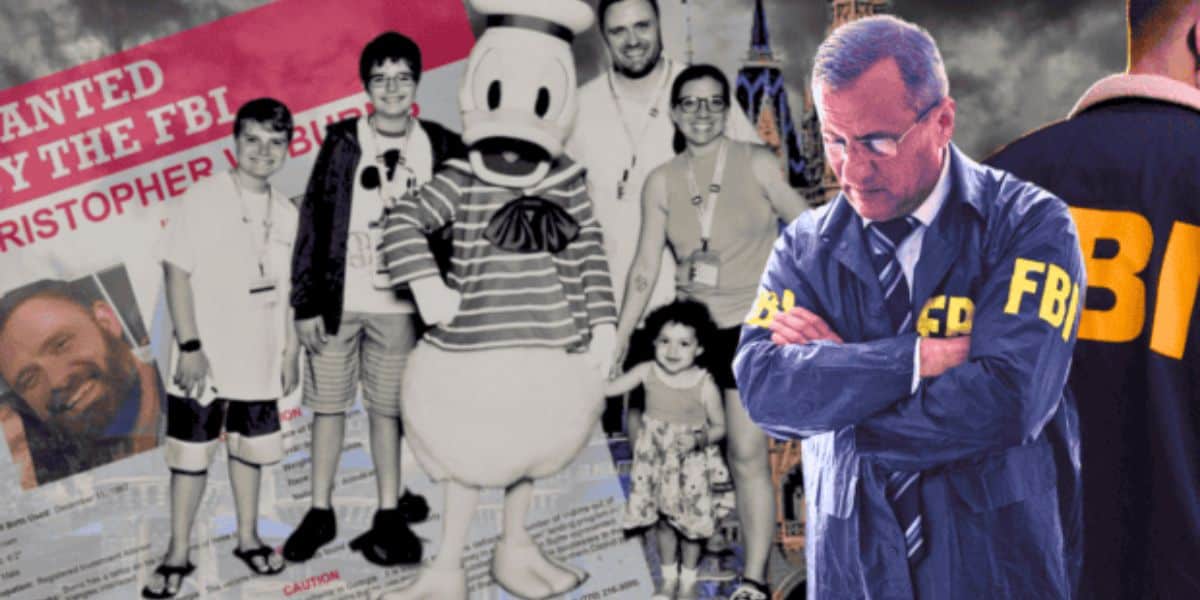 A composite image showing a man in an FBI jacket in the foreground. Behind him is a "Wanted by the FBI" poster, and a black and white photo of a family with children posing with a costumed duck character. Skyscrapers are visible in the background.