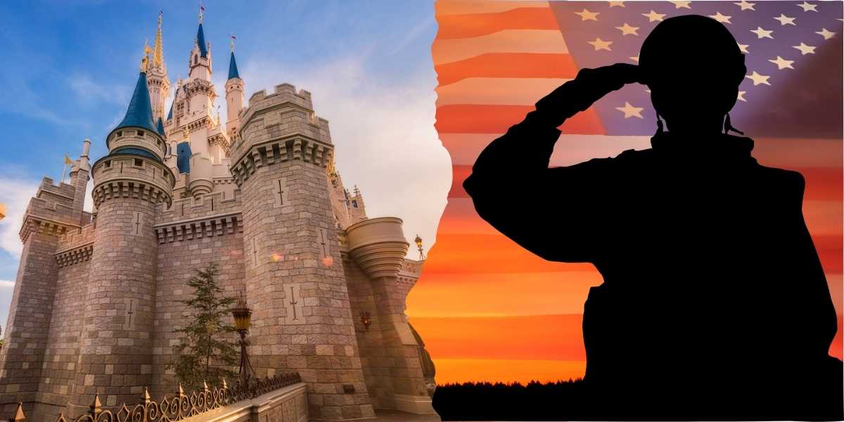 Image split in half: the left side shows Cinderella's castle from Disney World with a clear blue sky; the right side features a silhouetted soldier saluting against an American flag backdrop with an orange sunset.