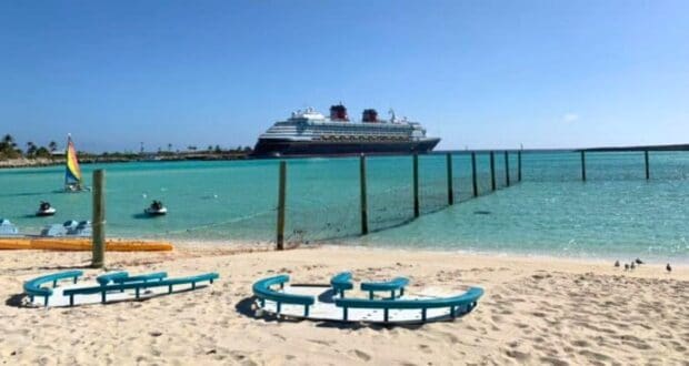 The Disney Wonder cruise ship as seen from the beach on Castaway Cay.