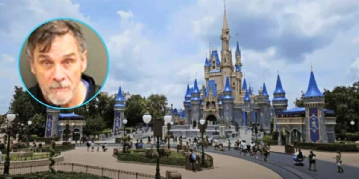 A mugshot taken during the arrest of Michael Geary overlaid on top of a photo of Cinderella Castle at Walt Disney World Resort.