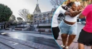 Left: Main street USA at Disneyland, where the fights over pickles take place. Right: A 2019 brawl at Disneyland.