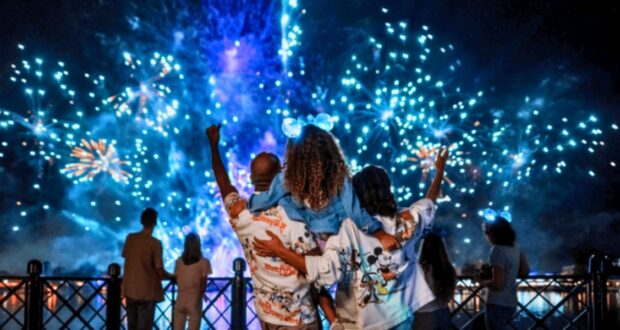 A group of guests watch fireworks at EPCOT