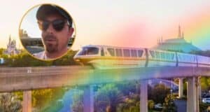 A monorail is traveling on an elevated track with a scenic backdrop of trees and landmarks at sunset. A circular inset in the top left corner shows a close-up of a man wearing sunglasses and a cap, enjoying Disney World. A rainbow-colored filter overlays parts of the image of Disney World, evoking Pride Celebrations.