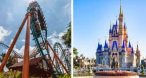 An image split into two halves: the left side shows an inverted roller coaster ride against a blue sky with some clouds, while the right side displays a grand fairy tale castle with colorful spires, surrounded by a decorated plaza and a statue in front.