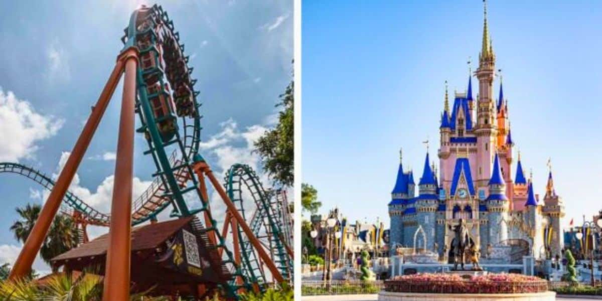 An image split into two halves: the left side shows an inverted roller coaster ride against a blue sky with some clouds, while the right side displays a grand fairy tale castle with colorful spires, surrounded by a decorated plaza and a statue in front.