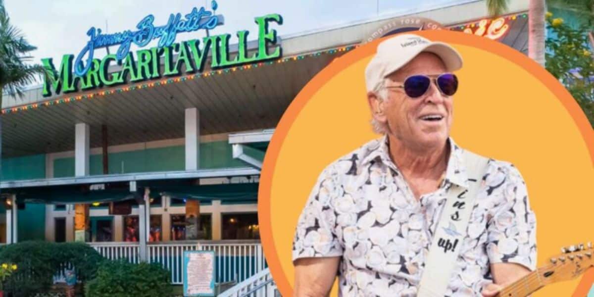The image features the exterior of a Margaritaville restaurant at Universal Orlando, with a colorful sign reading "Jimmy Buffett's Margaritaville." Overlaid is a circular inset showing an older man with white hair wearing sunglasses, a white cap, and a patterned shirt while holding a guitar.